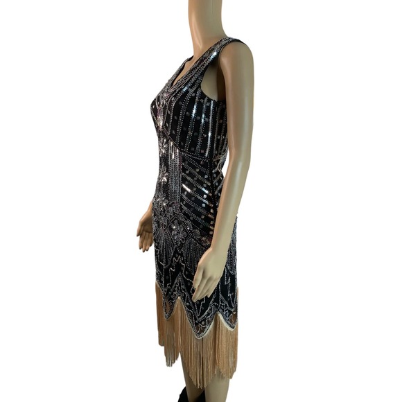 Sequin Dress 1920s Vintage Fringed Cocktail Flapper Dress Asymmetrical Hem Sz S - Picture 3 of 9